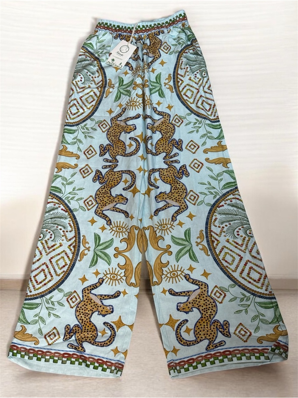 NWT Kuwalla-Tee Wide-Leg Cheetah Tropical Printed Lounge Pants Blue Sz XS
